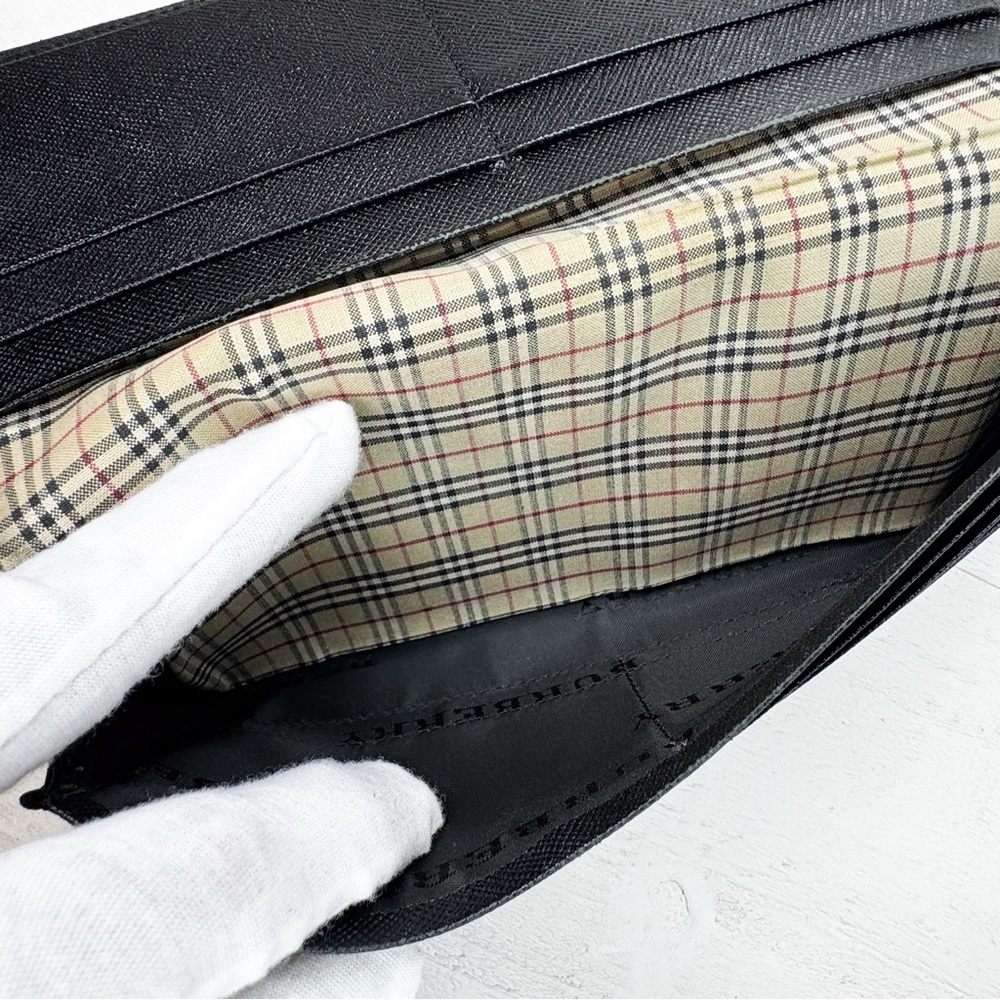 Burberry Black Leather Long Wallet Nova Check Interior Bifold Continental - Picture 5 of 8